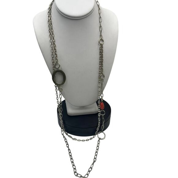 Emily Ray Boho Double Strand Stone Mixed Metal Chains Jade Green Coral Necklace - Picture 2 of 13